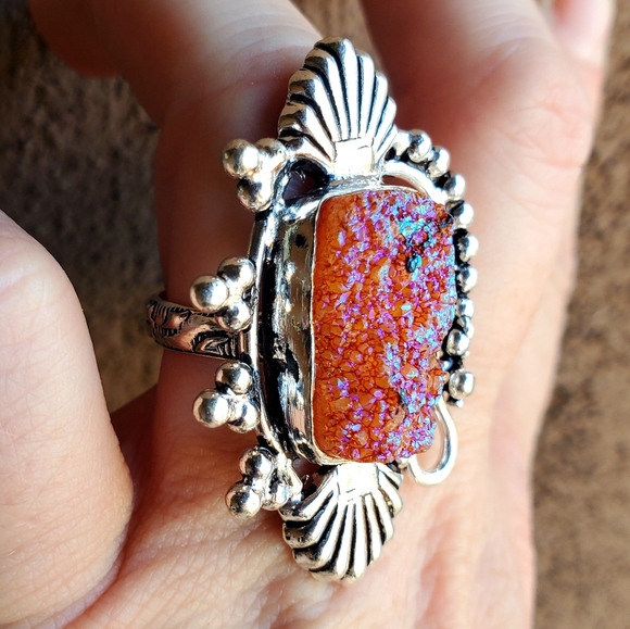 New Unique Titanium Druzy 925 Silver Ring. - Picture 8 of 16